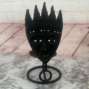 Black metal  tribal mask candle stick holder 8.25” Tall